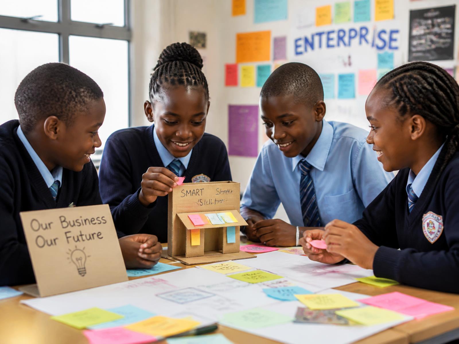 Young learners collaborating on an enterprise project in a mini BOSS workshop